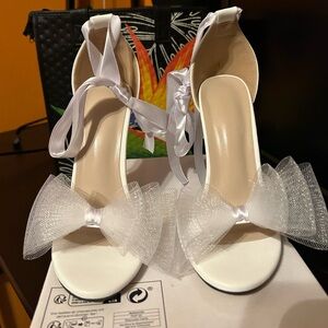 White ribbon ankle strap heels 6